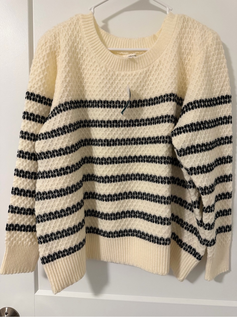 Maurices Cream and Black Striped Waffle Knit Crewneck Sweater